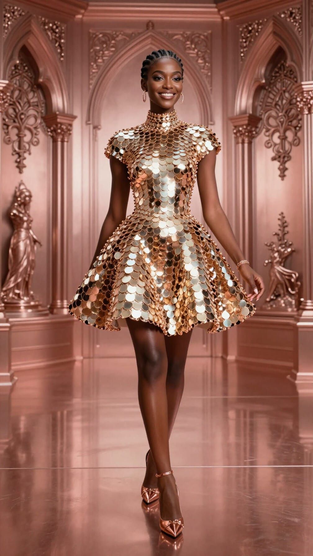 Elegant Black Woman in Futuristic Rose Gold Chamber