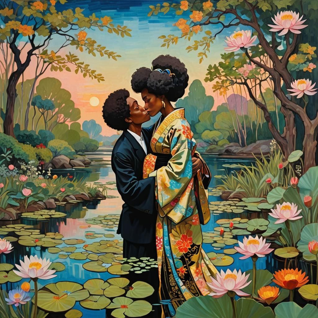 Gouache Painting: Man Kissing Woman in Kimono