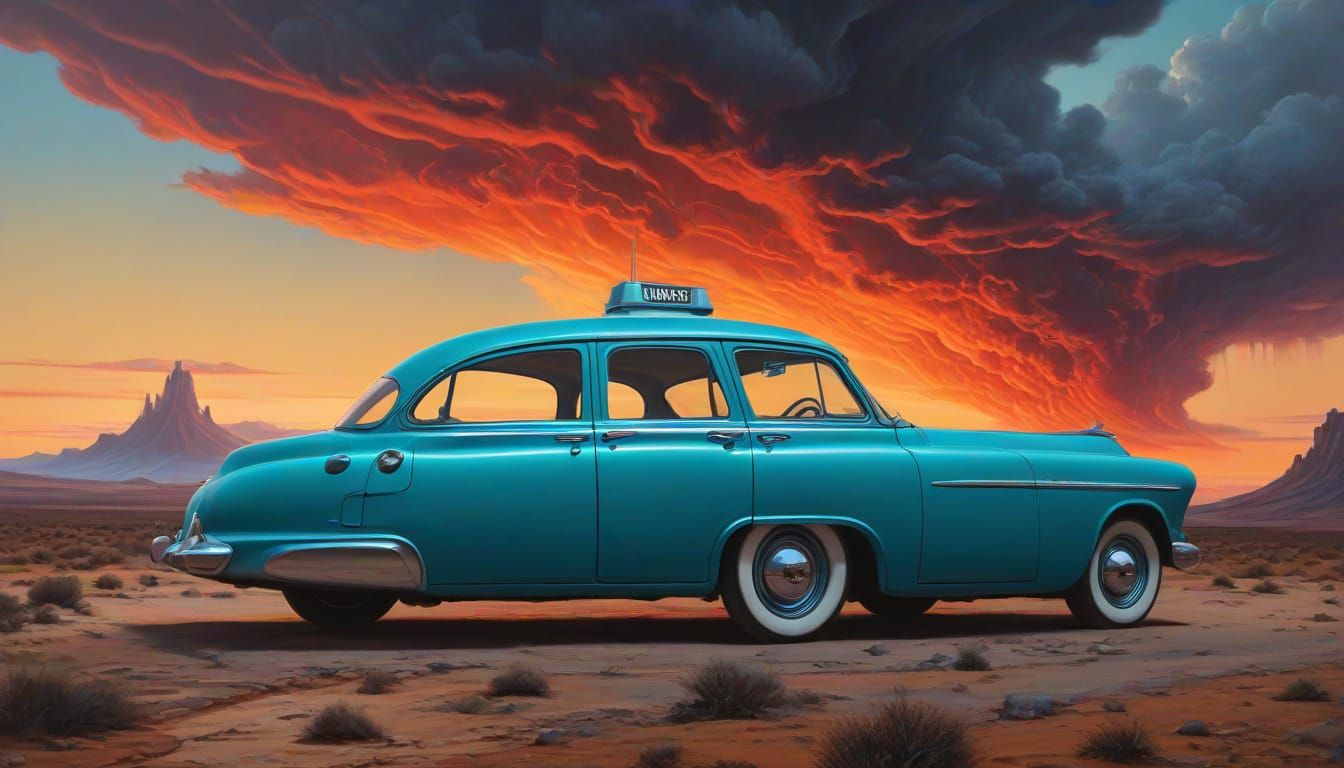 Surrealist Taxi Cab in a Dreamlike Landscape