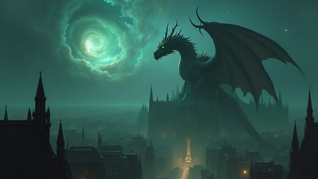 Ancient Dragon on Gothic Cathedral Overlooking Futuristic Ci...