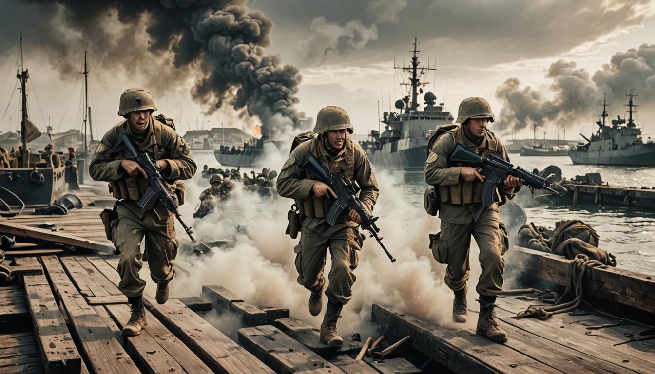 Soldiers Storm Coastal Port in Gritty War Photo