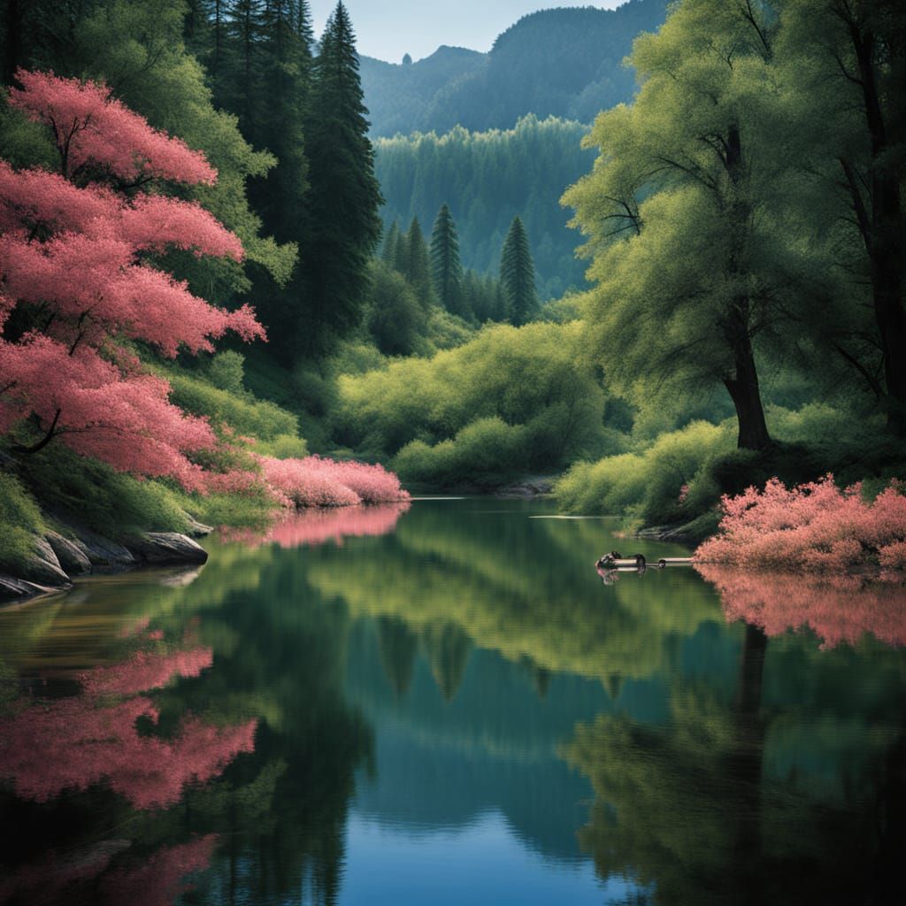 Serene Great Pink Lake with Majestic Horses and Vibrant Flow...