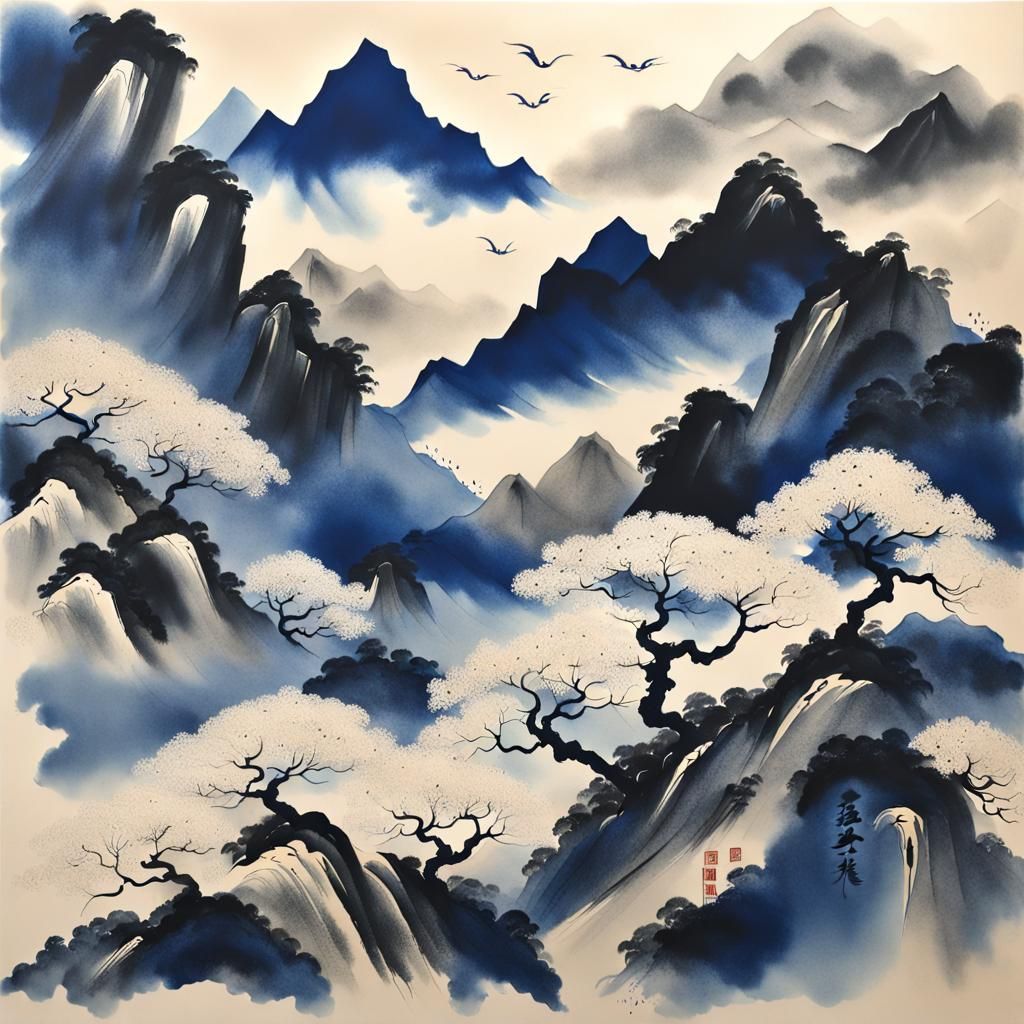Minimalist Chinese Ink Painting of Mountain Storm