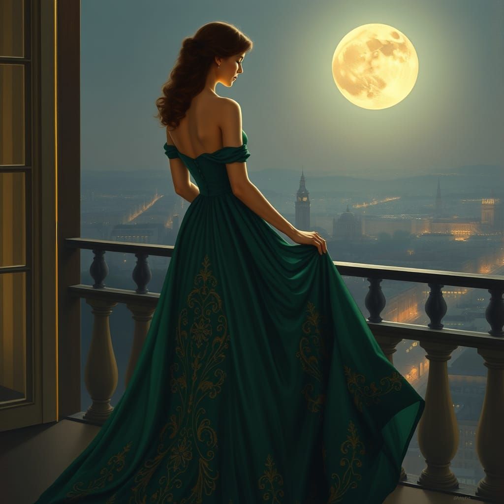 Woman in Emerald Gown on Moonlit Balcony