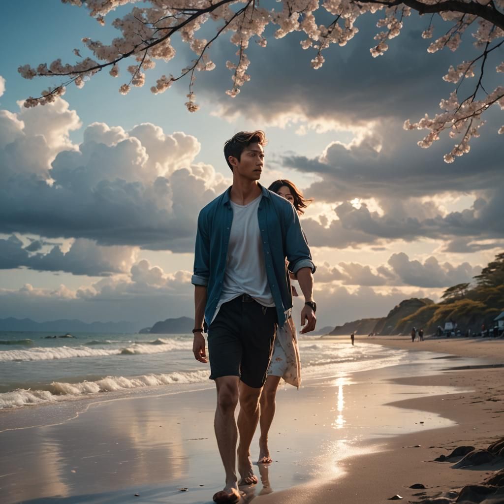 Fantasy Beach Scene with Couple in Asian Art Style