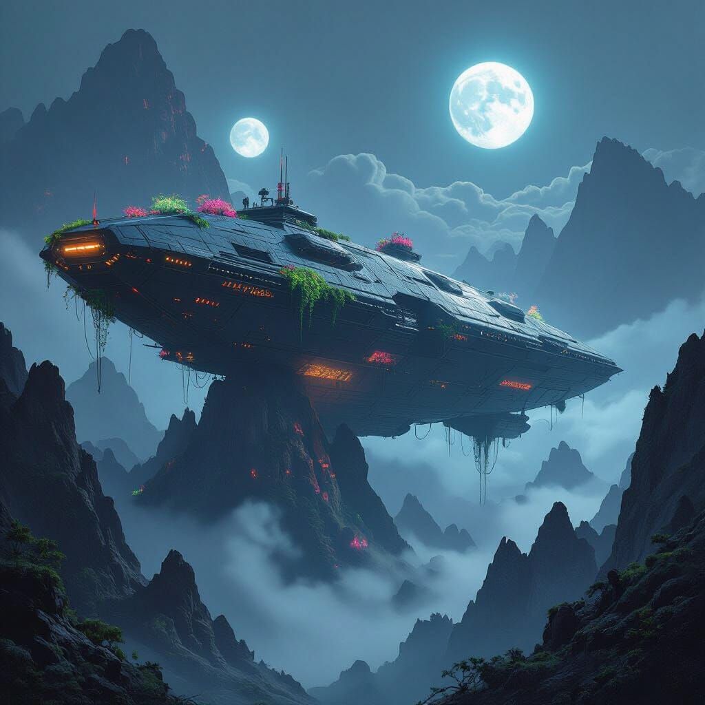 Derelict Alien Spaceship on Misty Mountain Peaks