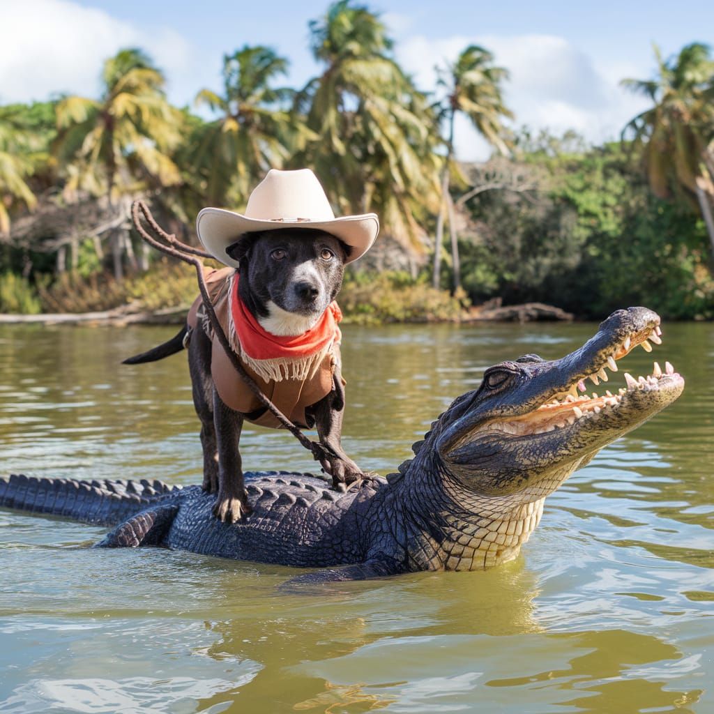 A cowboy dog riding an alligator