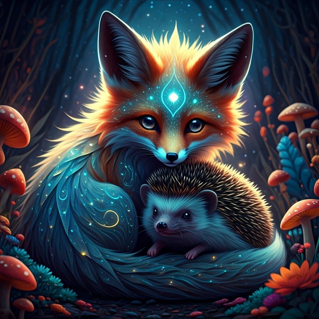 Astral Tattooed Fox and Hedgehog in Fantasy Forest
