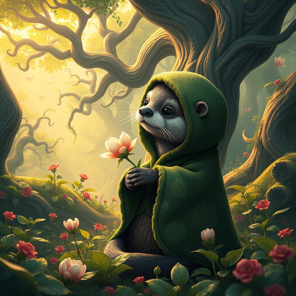 Whimsical Baby Otter Offers Flower Friend in Enchanted Fores...