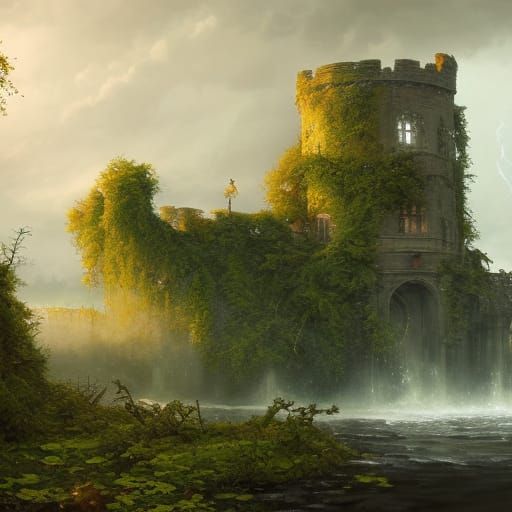 Epic Ruined Castle by River in Dark Fantasy Style