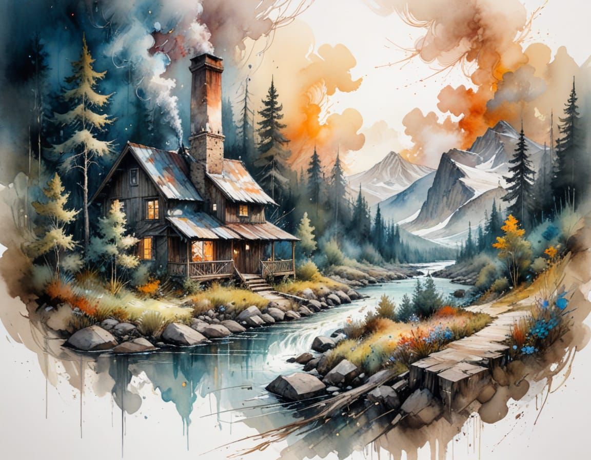 Cozy Mountain Cabin Retreat at Dusk: Watercolor