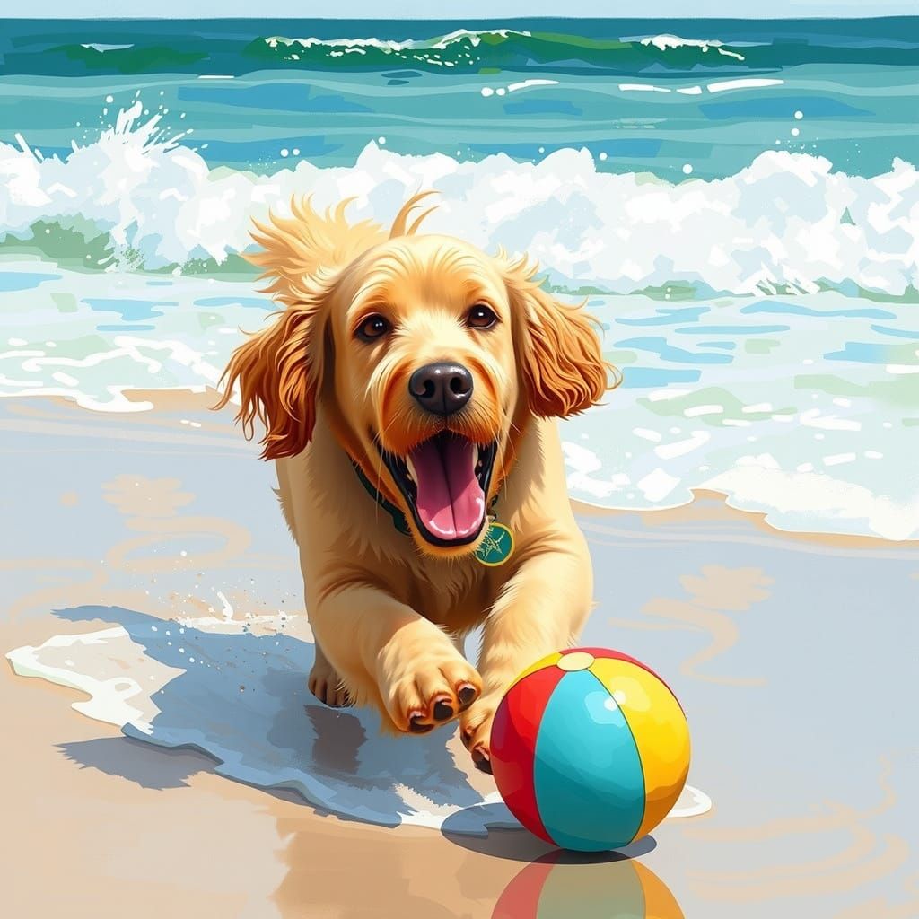 Golden Retriever Beach Fun in Impressionist Style