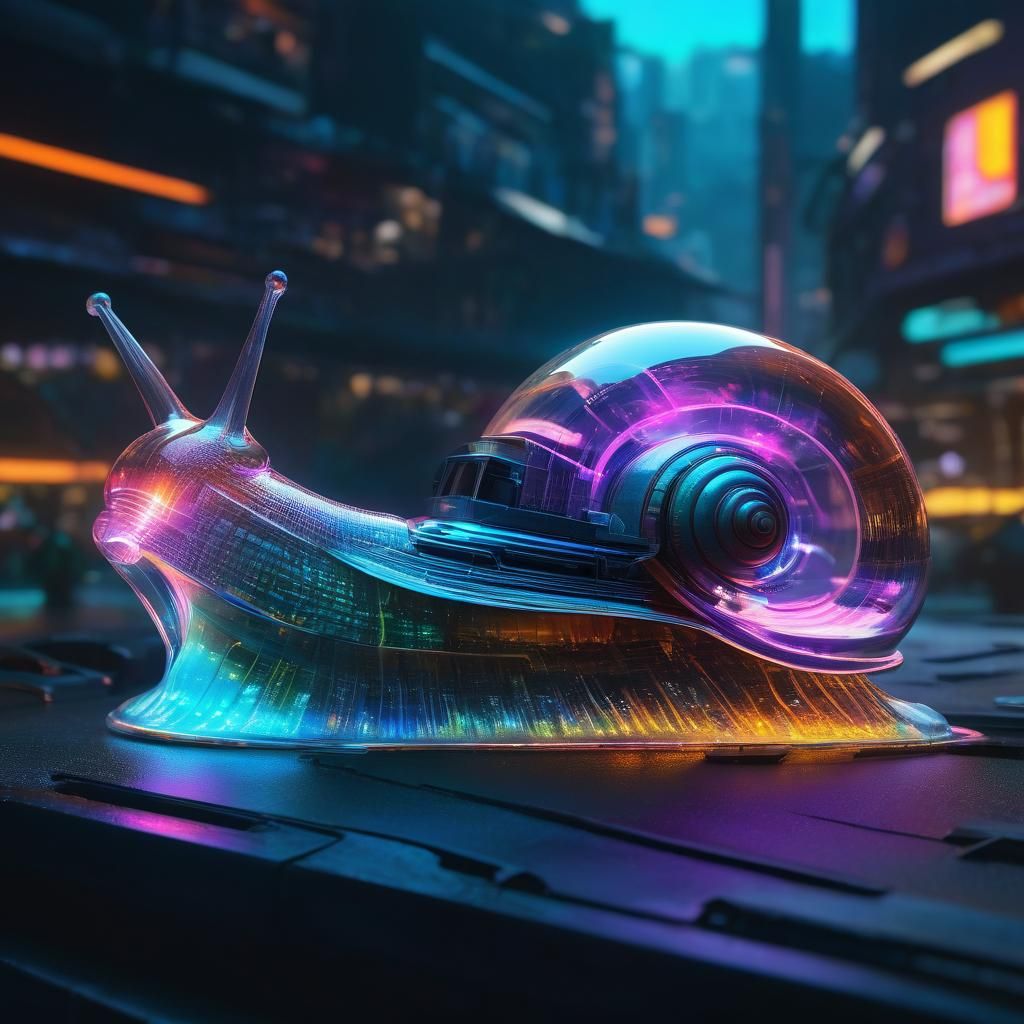 Surreal Cyberpunk Snail with Glowing Shell