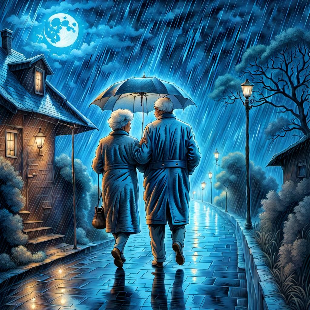 Elderly Couple Walking in Moonlight: Detailed Illustration