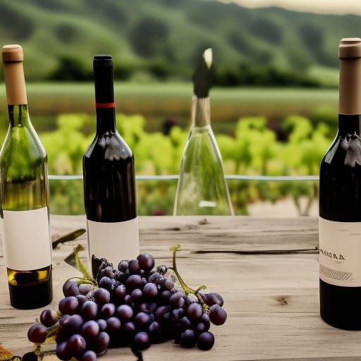 Wine Bottles in Vineyard: Hyperrealistic Still Life