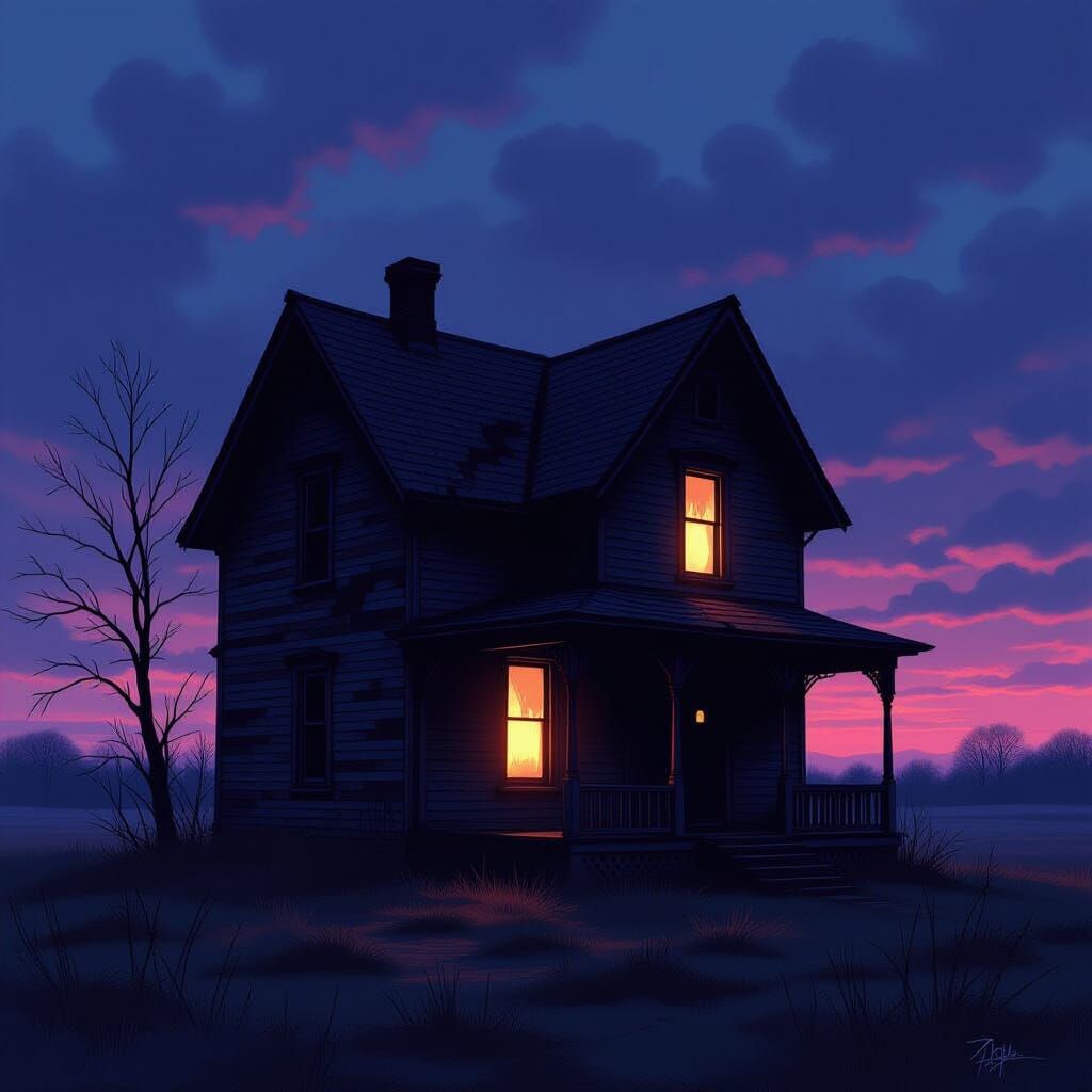Gothic House Silhouetted Against Moody Twilight Sky