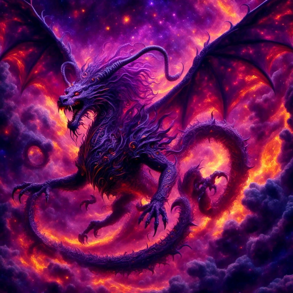 Epic Space Battle Between Dragon and Lion in Oil Painting St...