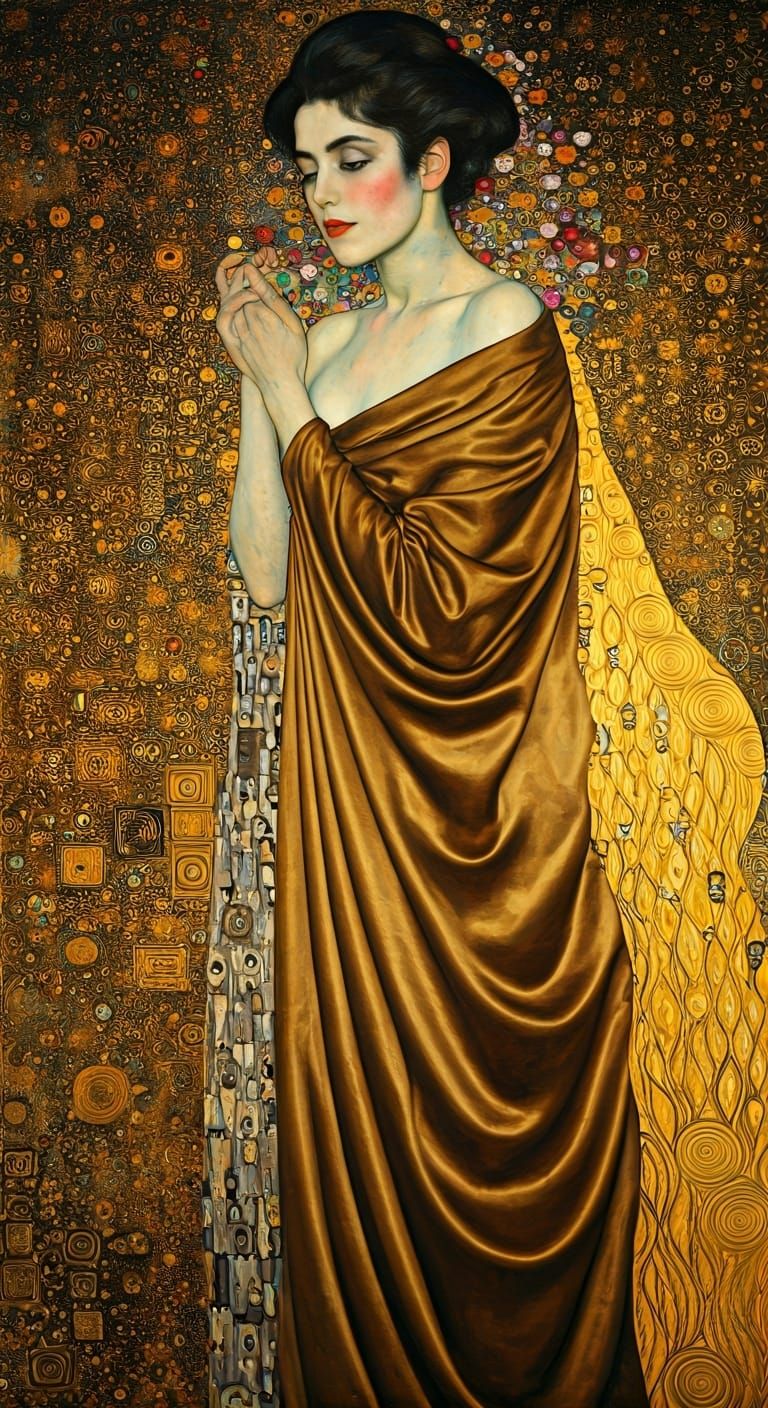 Dark-Haired Woman in Satin Robe, Klimt Style