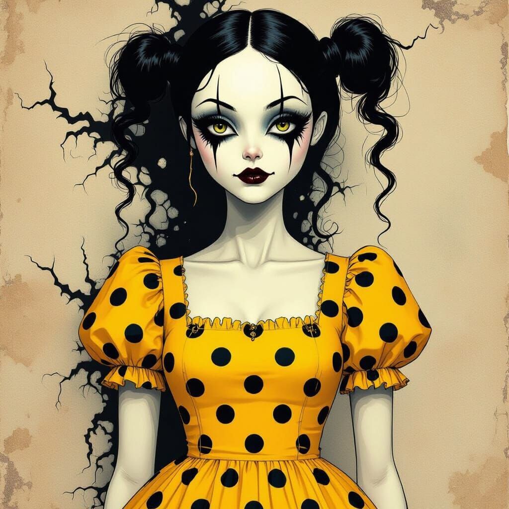 Eerie Doll in Polka Dots: Dark Fantasy Fashion