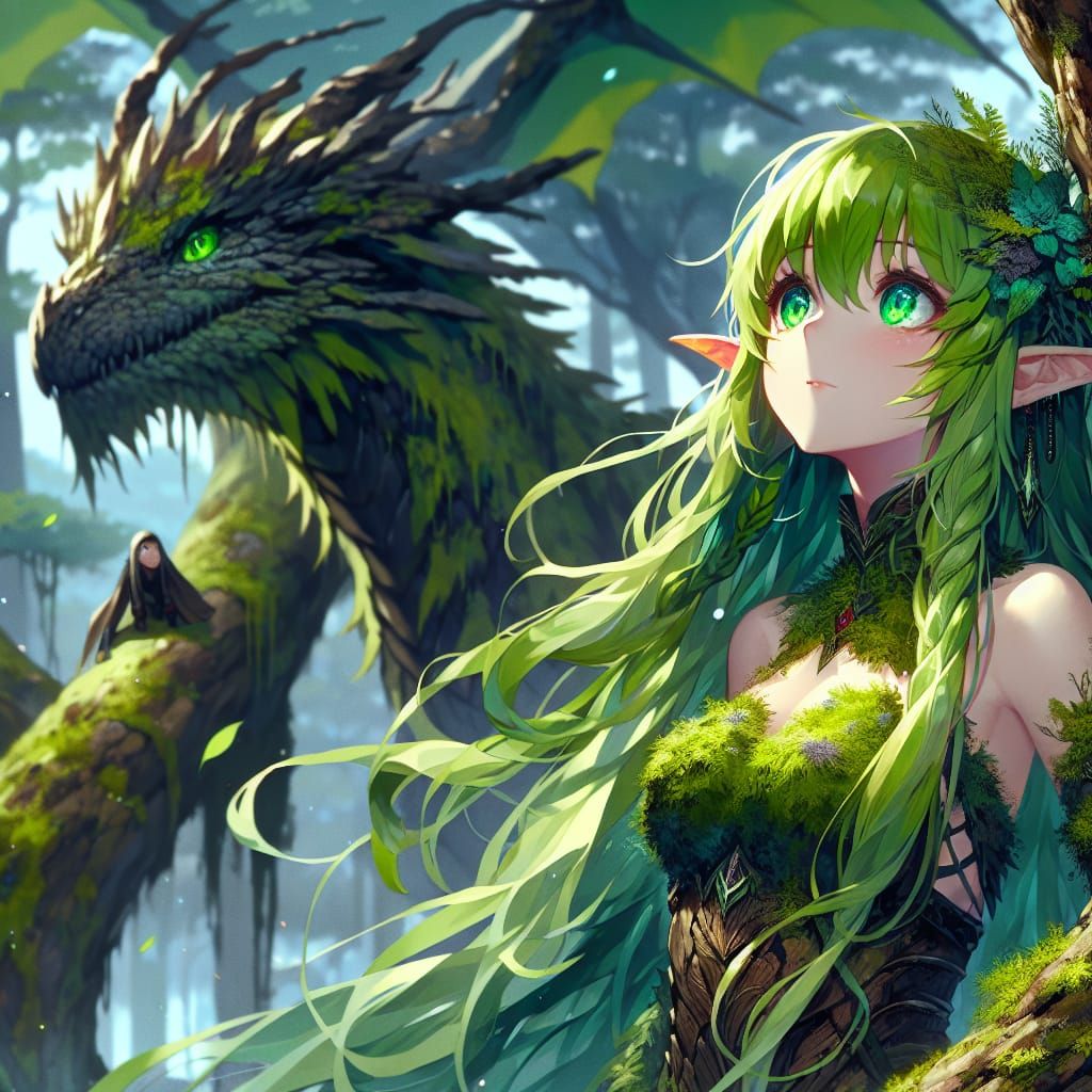 Anime Druid Girl with Forest Dragon in Matte Painting Style