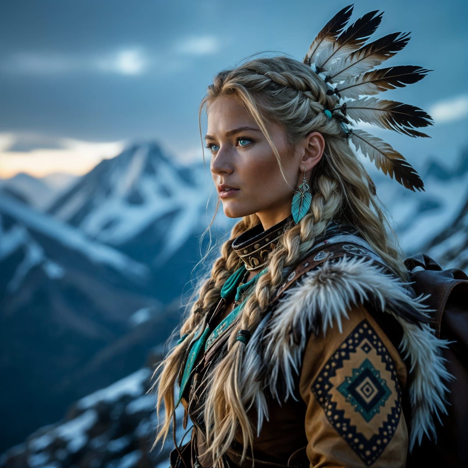 Nordic Woman with Emerald Eyes in Mountain Landscape
