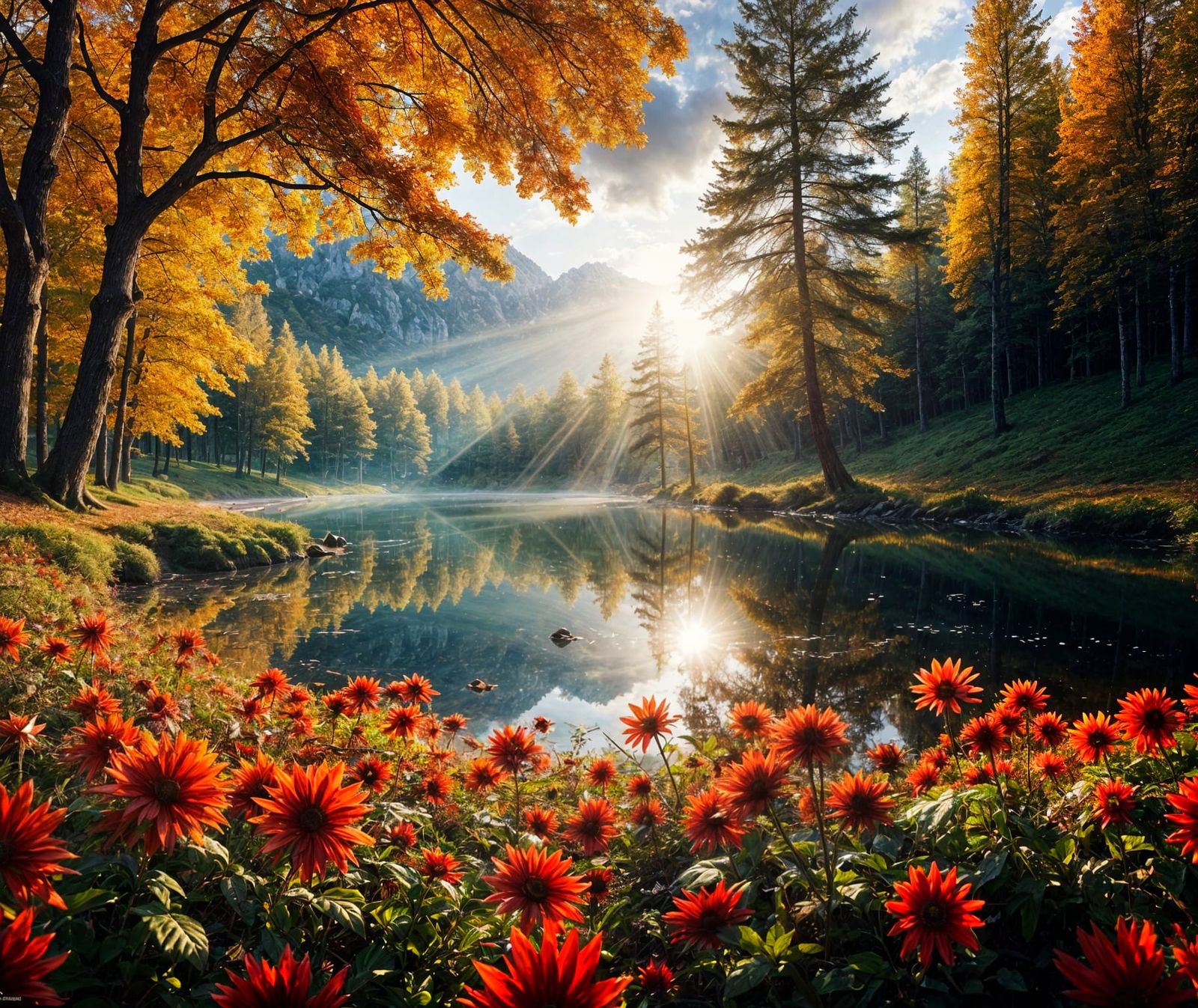 Autumn Lake Dream in Sunbeams, Photorealistic HDR