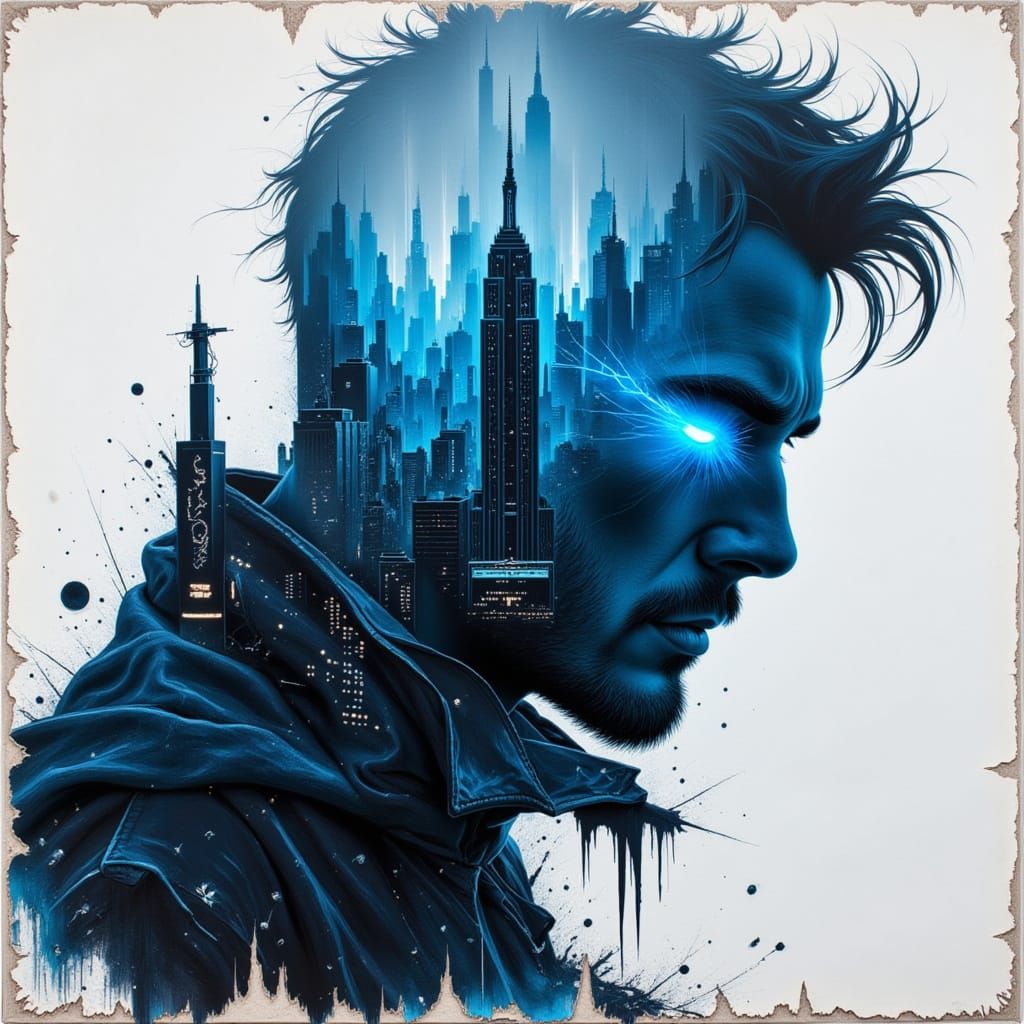 Masculine Silhouette with Neon Cityscapes, Impasto Style