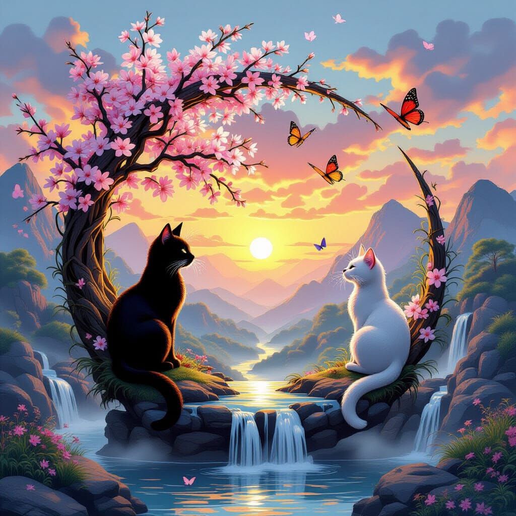 Detailed Yin Yang Symbol with Nature and Cats