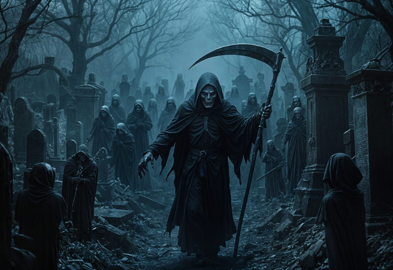 Eerie Procession: Grim Reaper Leads Souls to Graveyard