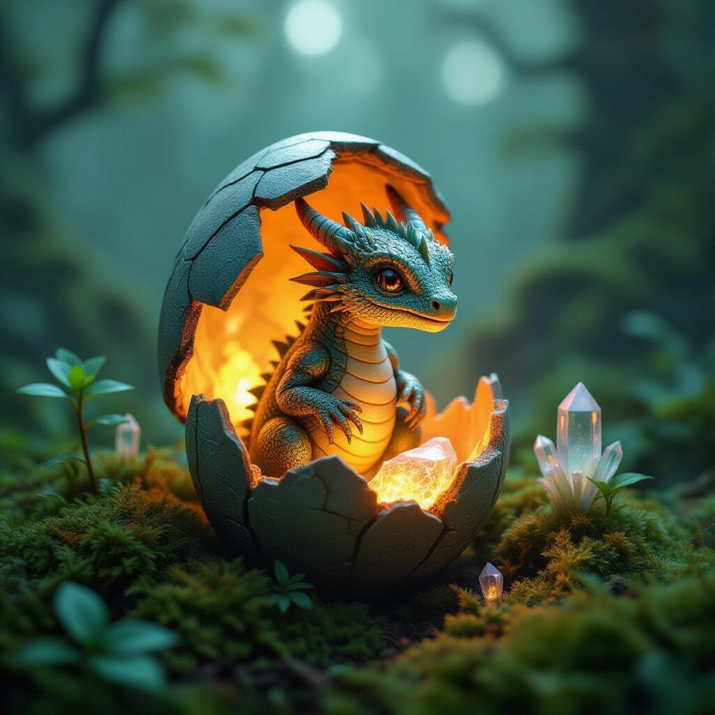 Biomechanical Dragon Hatchling Emerges in Surreal Art Nouvea...