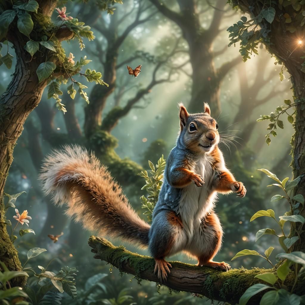 Squirrel Gymnast in Ethereal Fantasy Art Style