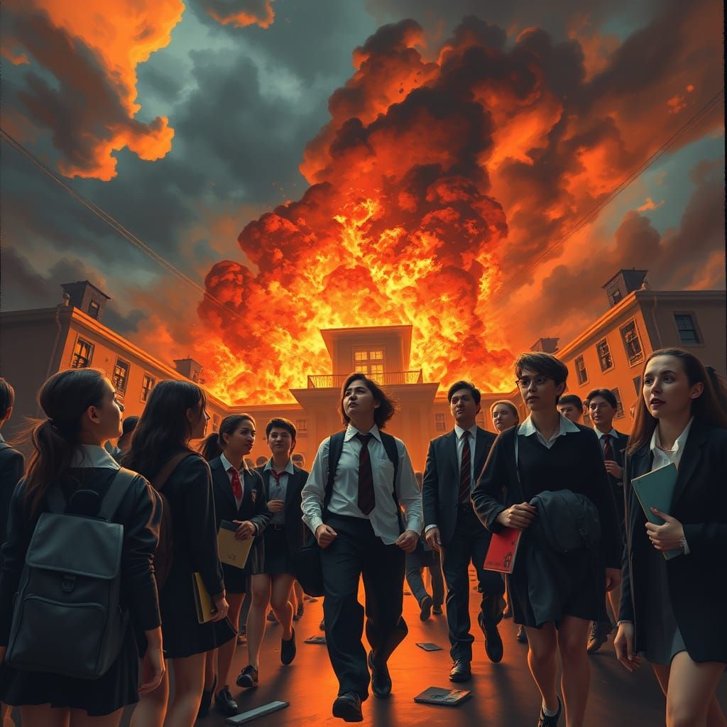 Students Gaze in Horror as Flames Engulf School in Dystopian...