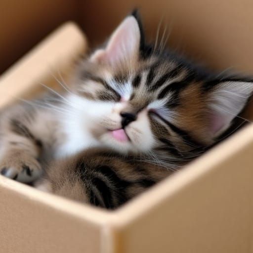 Cute Kitten Sleeping Soundly in a Box