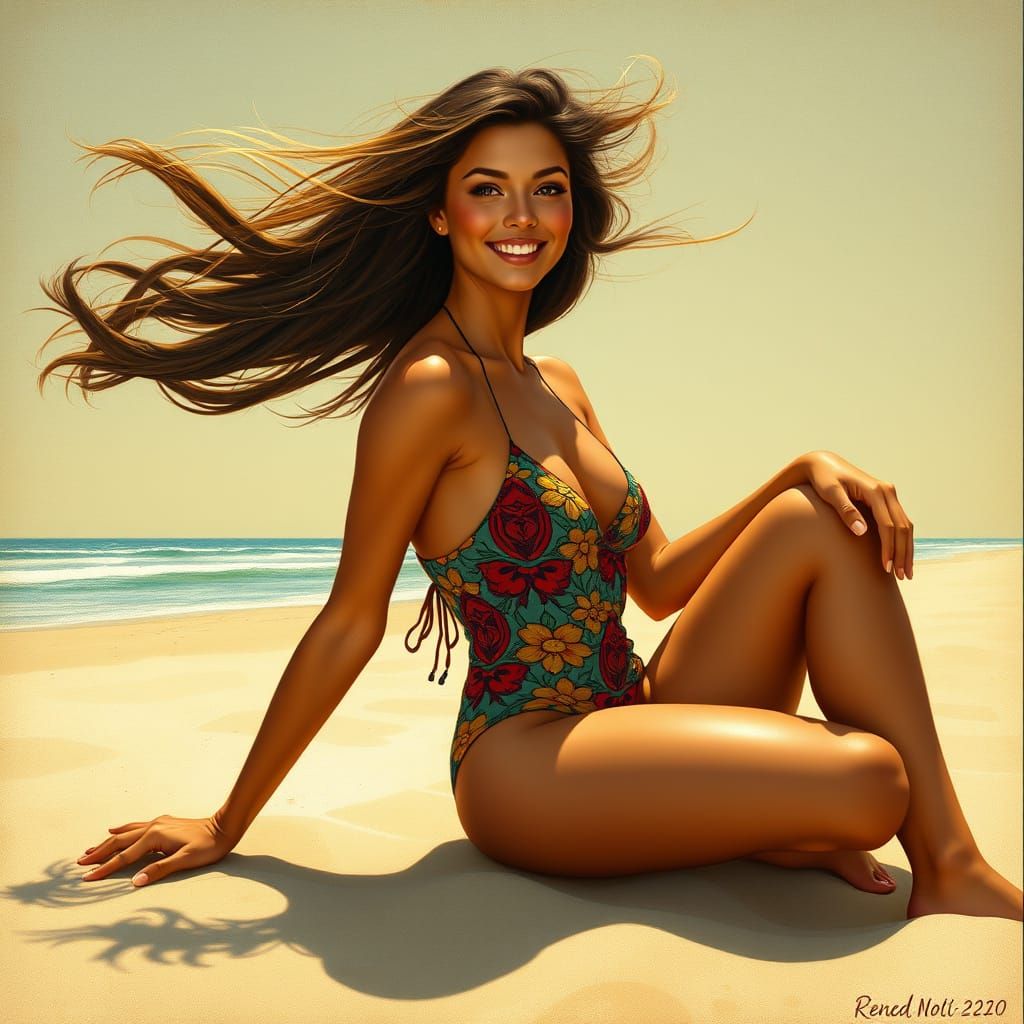 Bronzed Beauty on Beach in Art Nouveau Style