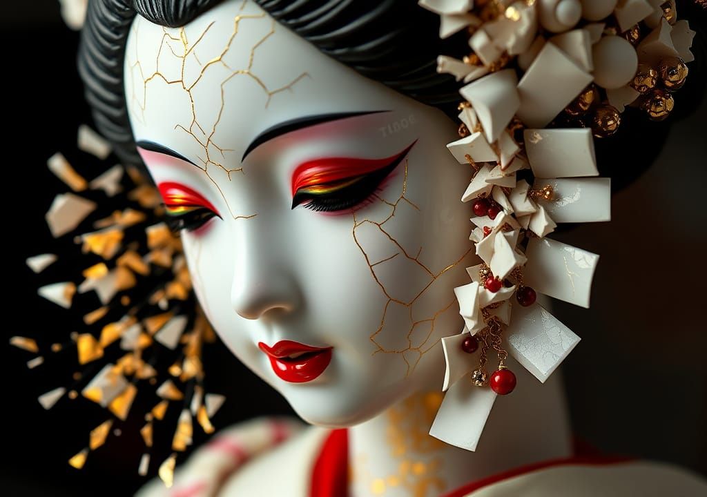 Kintsugi Geisha Doll Portrait with Gold Cracks