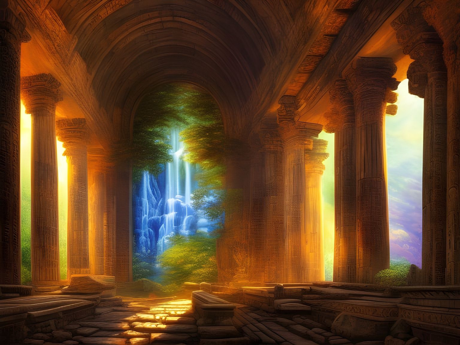 Temple Ruins with Waterfall Walls in HDR