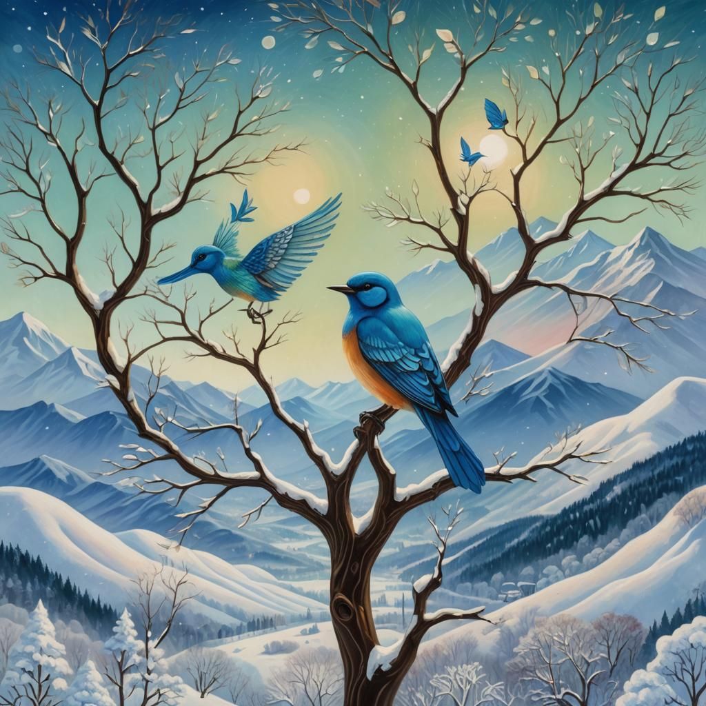 Winter Tree and Fairy Bird in Naive Art Style