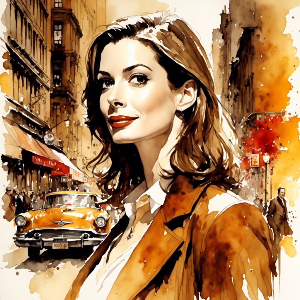 Anne Hathaway as Ally McBeal in Watercolor Cityscape