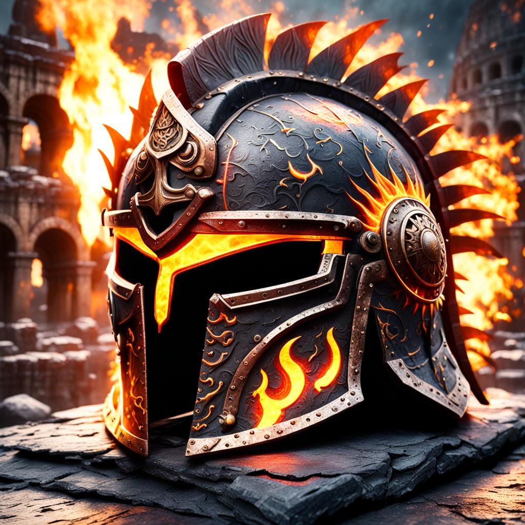 Flaming Battle Helmet in Colosseum: Fantasy Art