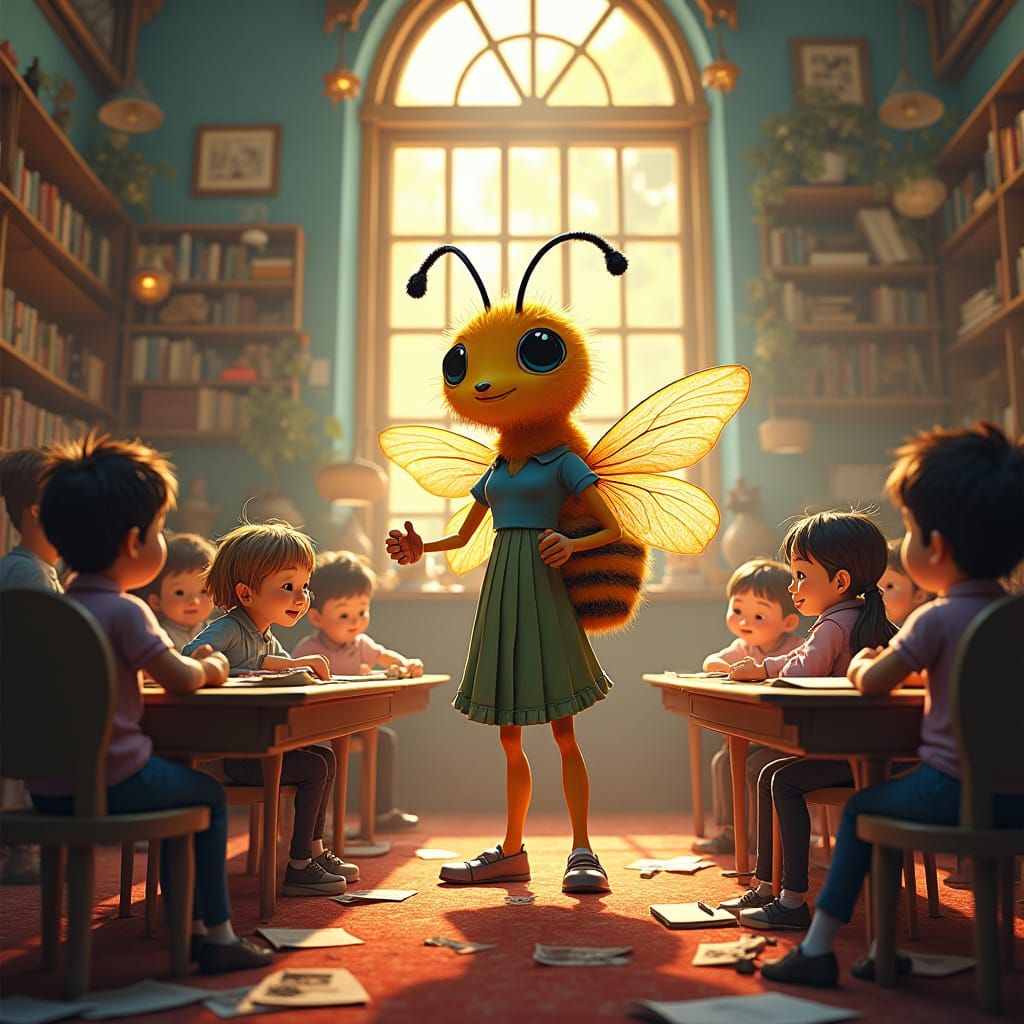 Bee Teacher in Fantastical Classroom: Whimsical Caricature