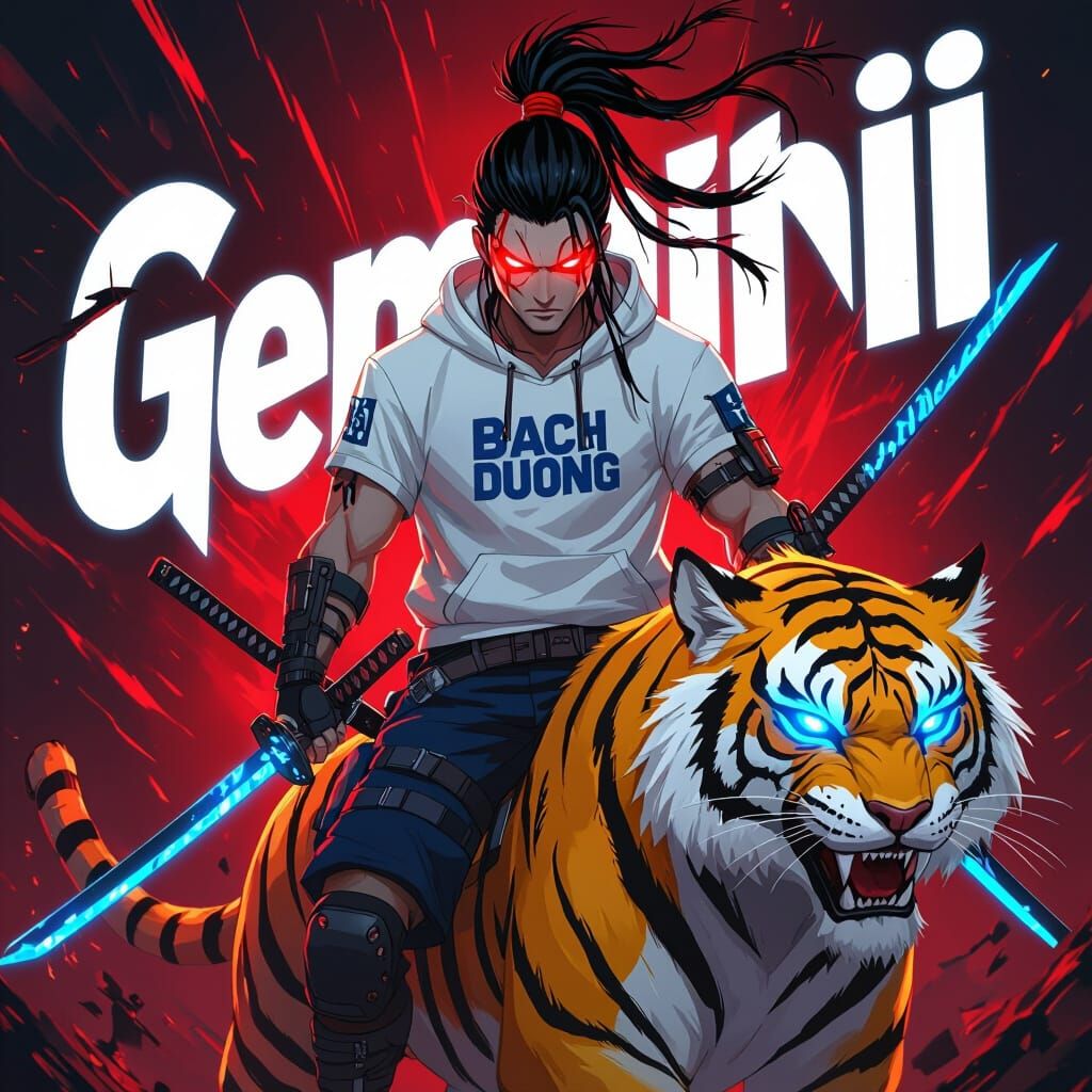 Cyberpunk Warrior on Tiger in Dramatic Anime Style