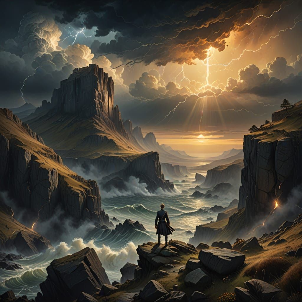Epic Digital Painting of Heroic Figure in Stormy Landscape