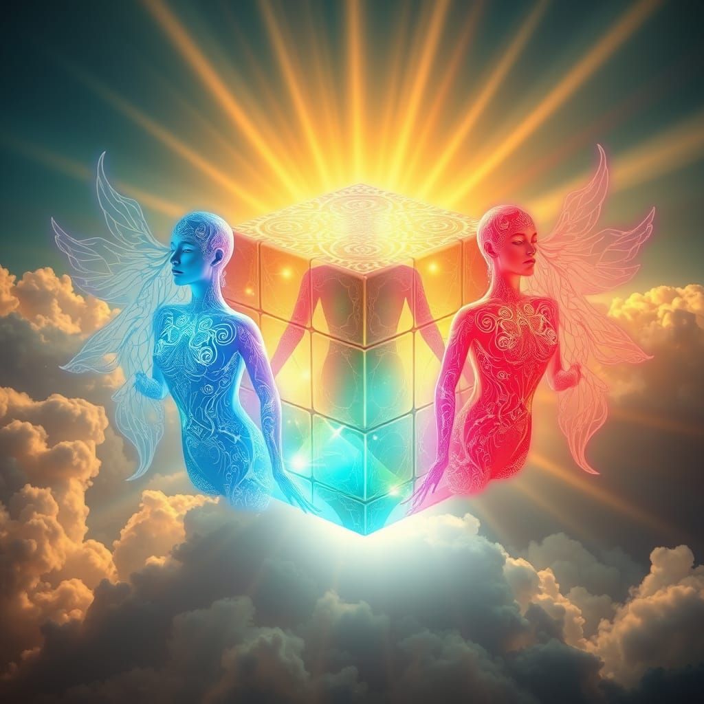 Surreal, Glowing Rubik's Cube Mosaic of Luminescent Females