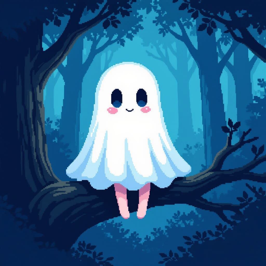 Ghostly Anime Girl on Tree Branch in Foggy Forest