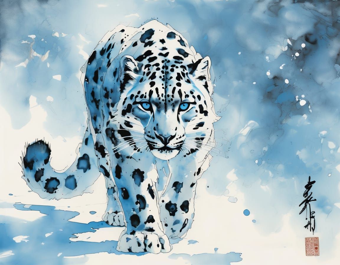 Snow Leopard with Blazing Blue Eyes in Abstract Ink Style