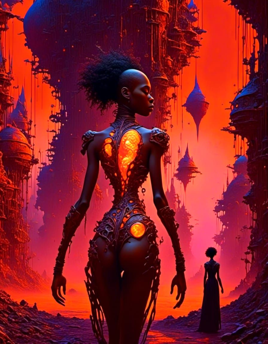 <lora:ScapeP:1.0> <lora:eye:1.0> <lora:Char Design SDXL:1.0> An exotic bald black woman facing the viewer wearing a futu...