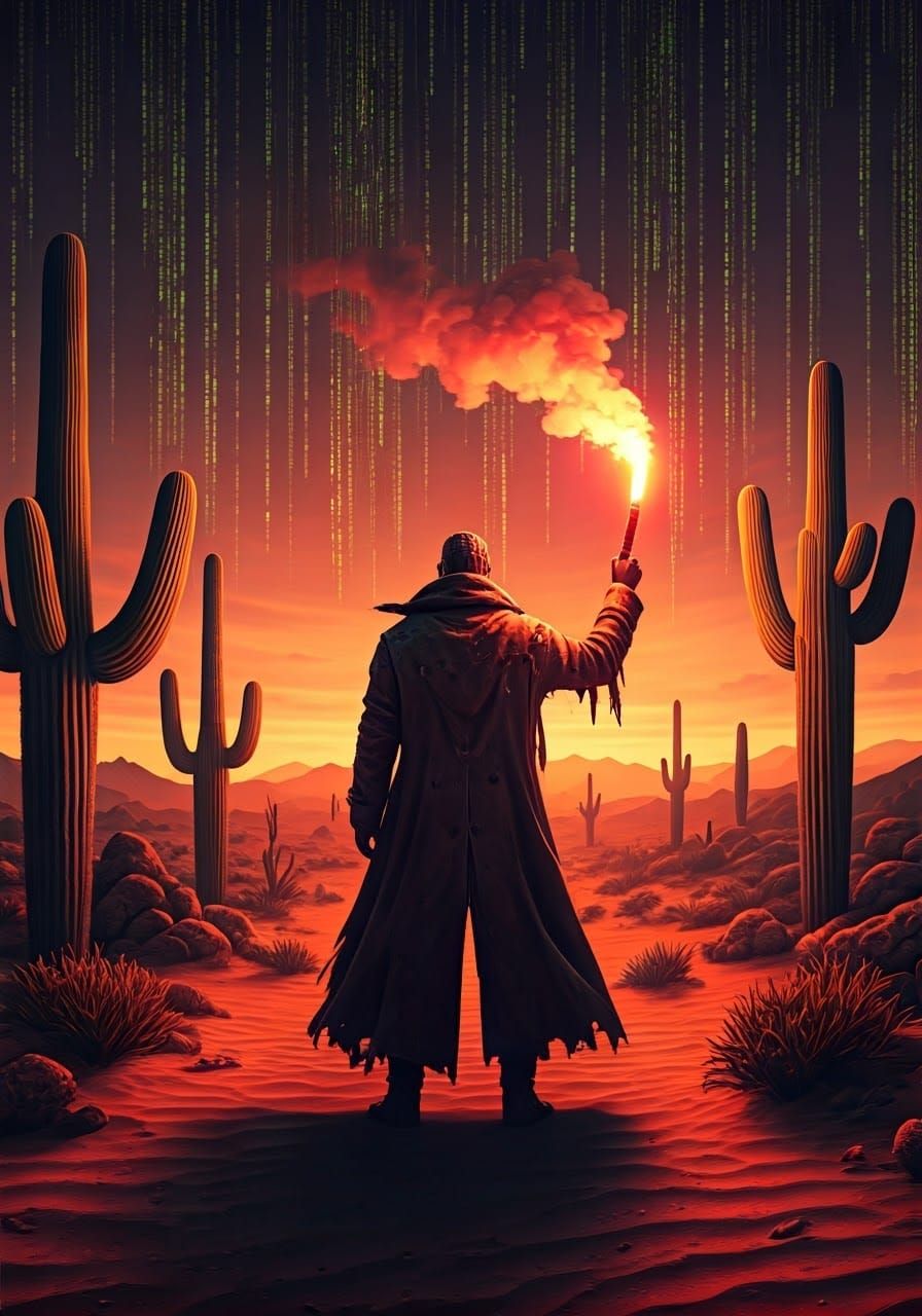 Retro-Futuristic Demonoid Hero in the Sonoran Desert Twiligh...