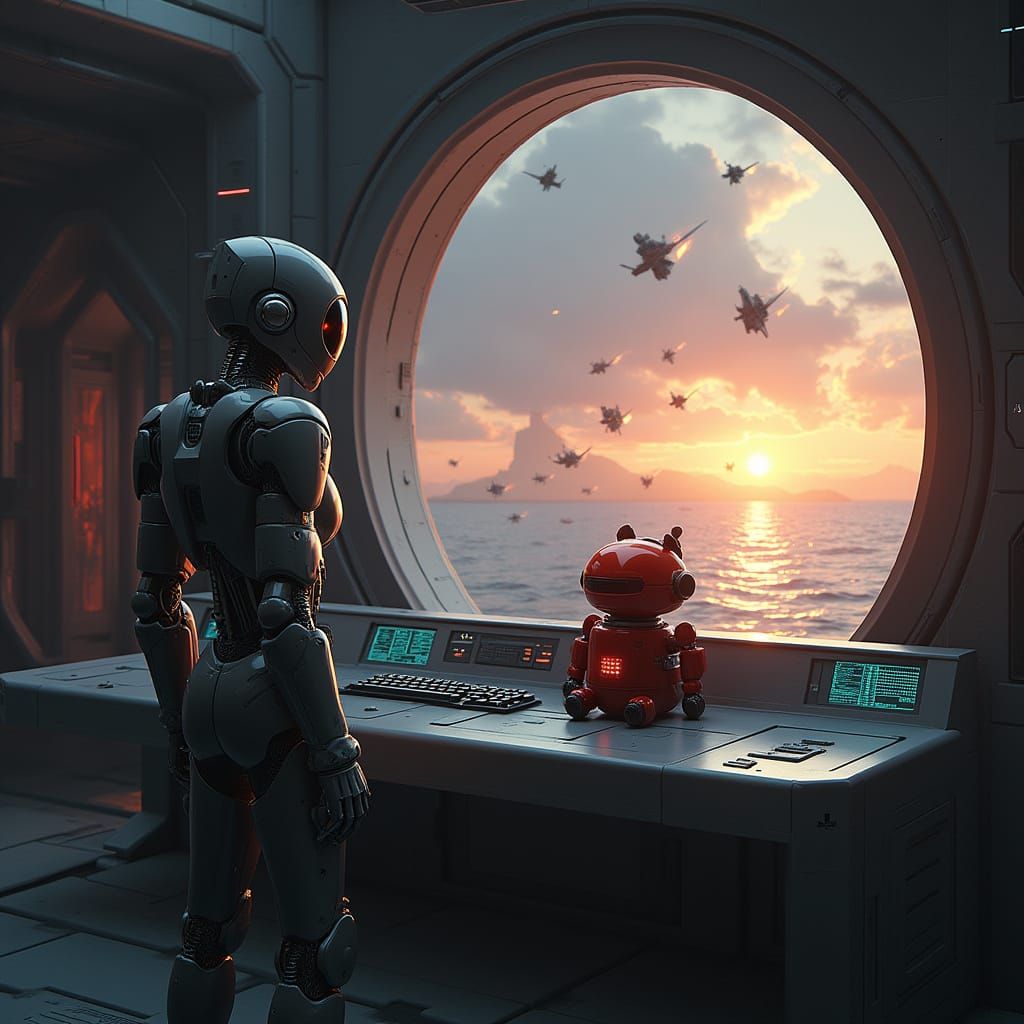 Robots Observe Space Battle in Hyper-Realistic Style