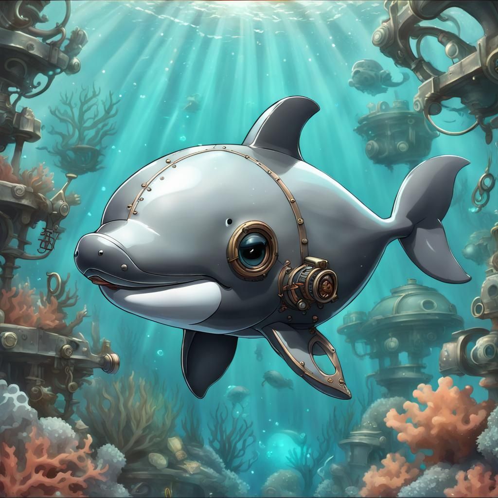 Cute Steampunk Vaquita in Oceanpunk Underwater World