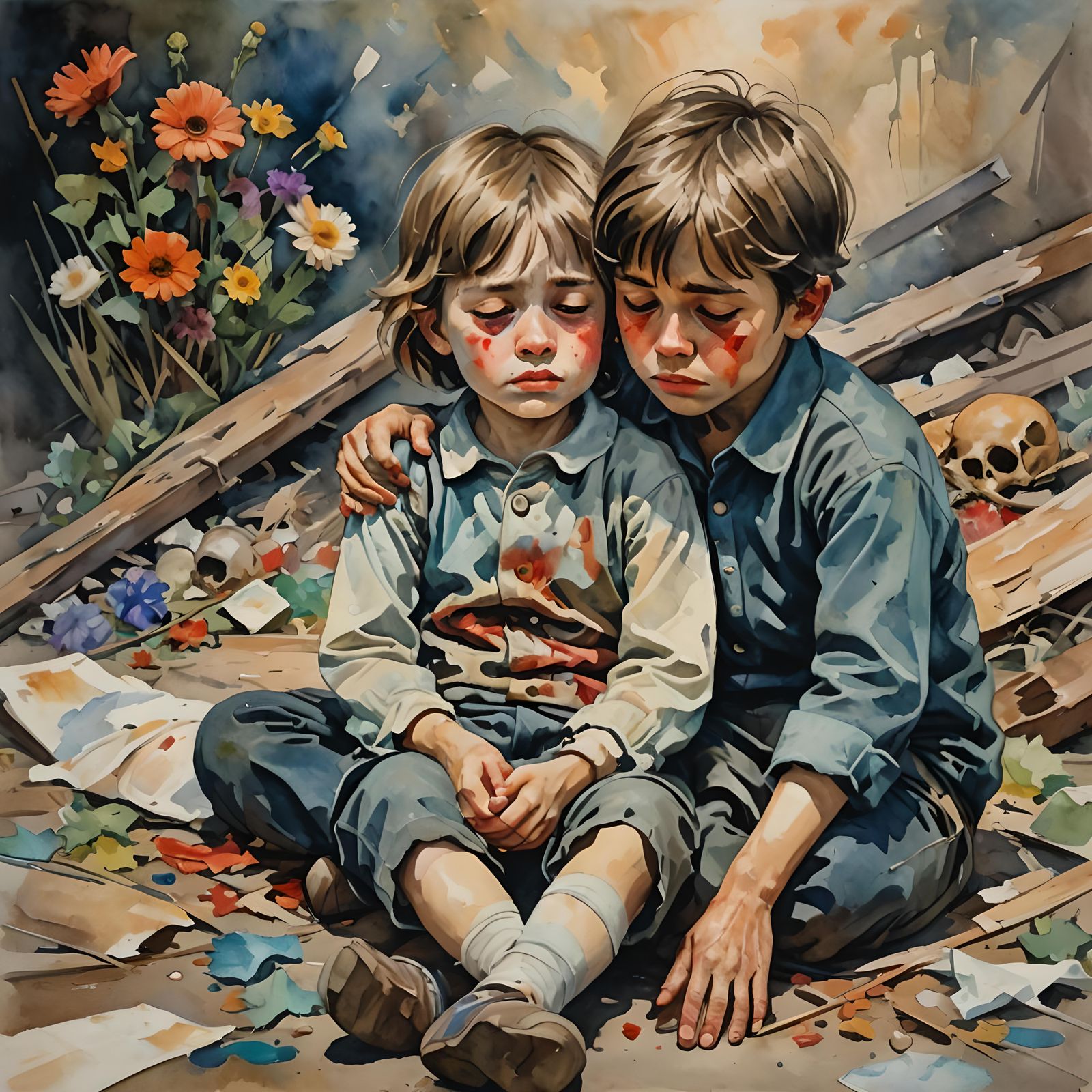 Boy Cries Beside Sister: Gouache Impressionist Painting